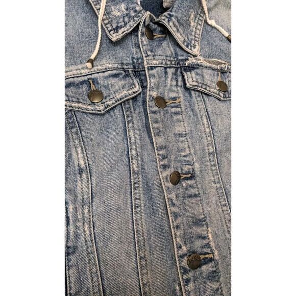 Free People Distressed Denim Jean Jacket Knit Sleeves Removable Hood Small - Picture 3 of 10